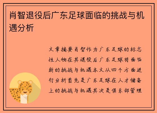 肖智退役后广东足球面临的挑战与机遇分析 肖智退役后广东足球面临的挑战与机遇分析