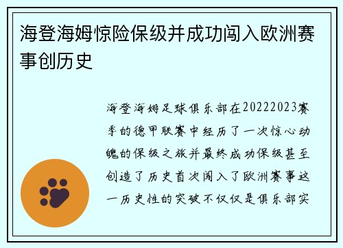 海登海姆惊险保级并成功闯入欧洲赛事创历史 海登海姆惊险保级并成功闯入欧洲赛事创历史